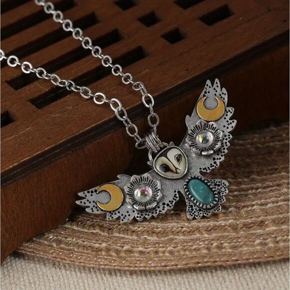 Floral Wiccan Owl Moon Phase Necklace with Crystals - Picture 3 of 3
